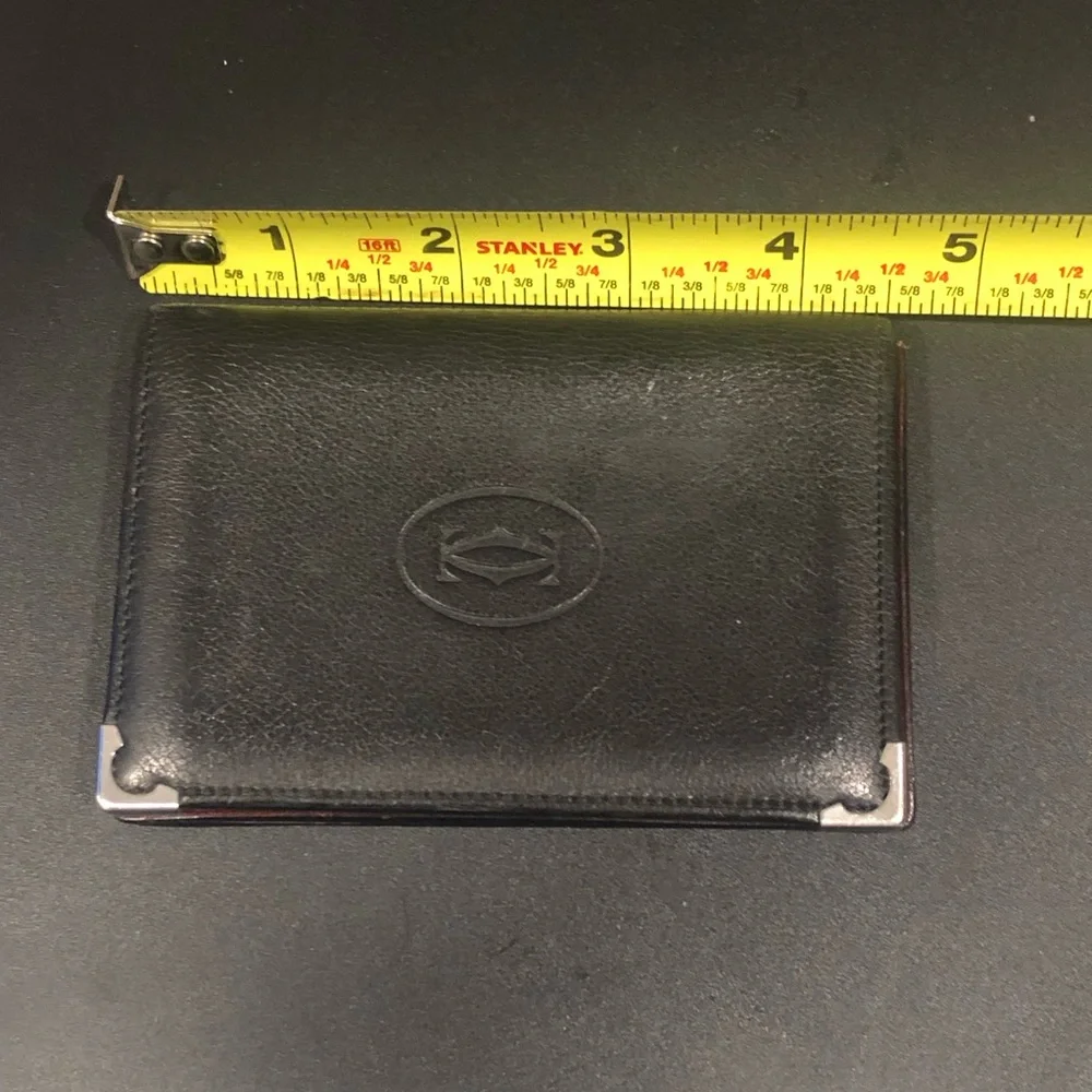 CARTIER Black Leather Card Wallet with Silver Metal Corner Accents